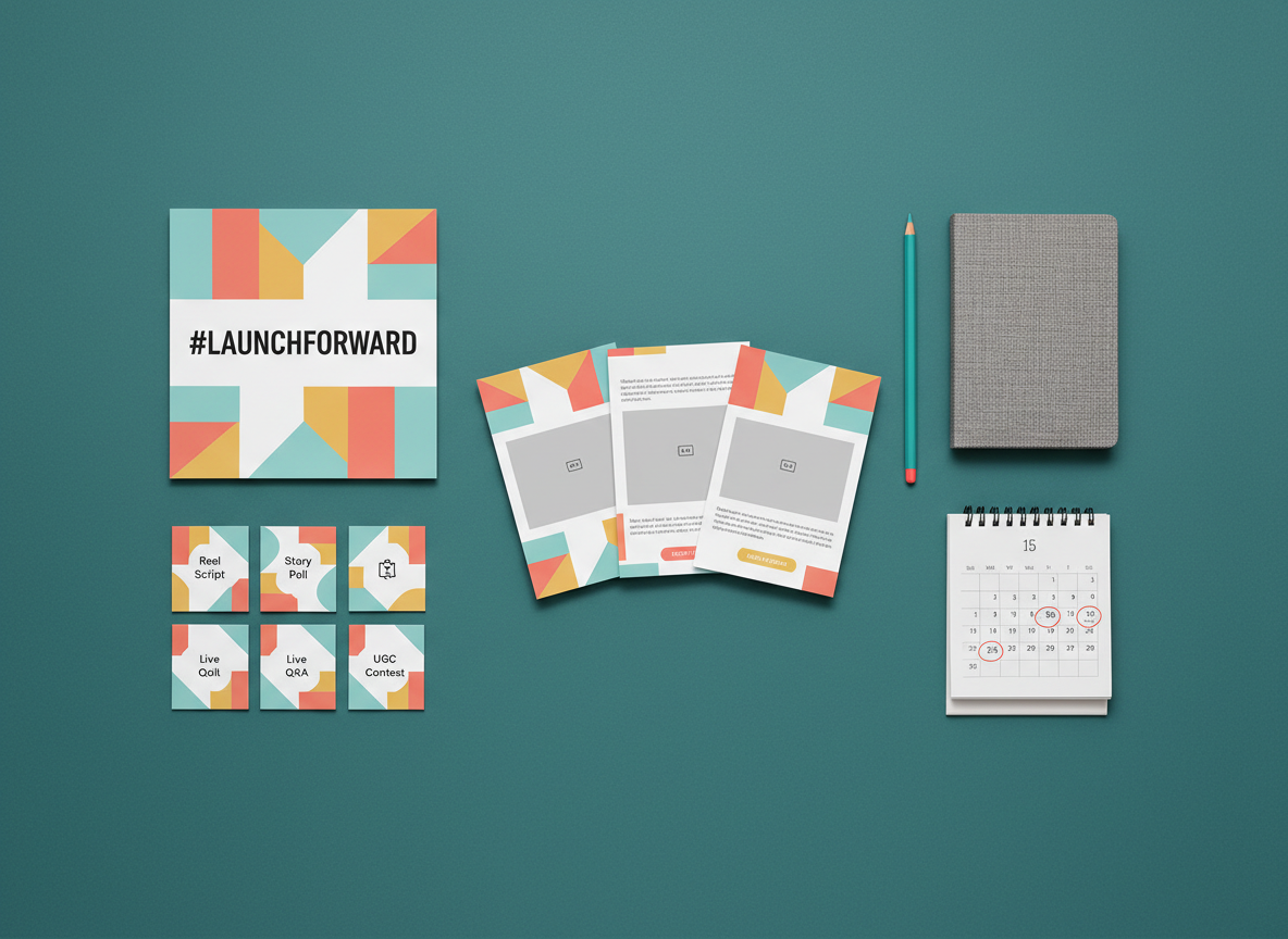 A vibrant flat lay of social media campaign elements spread across a rich, matte teal background: printed carousel card mockups, a bold campaign hashtag poster, compact content idea cards, and a small calendar noting key launch dates. Each piece showcases cohesive branding with geometric shapes, a fresh color palette, and clear, modern typography. A pair of neatly arranged colored pencils and a closed, textured notebook add tactile contrast. Overhead studio lighting provides even, bright illumination, making colors pop while casting soft, barely-there shadows that define the edges. Photographed from directly above with sharp focus across the frame, the composition follows an asymmetrical but balanced arrangement that feels dynamic yet controlled. The overall atmosphere is energetic, strategic, and contemporary, captured in crisp photographic realism to highlight creative social media marketing design work.