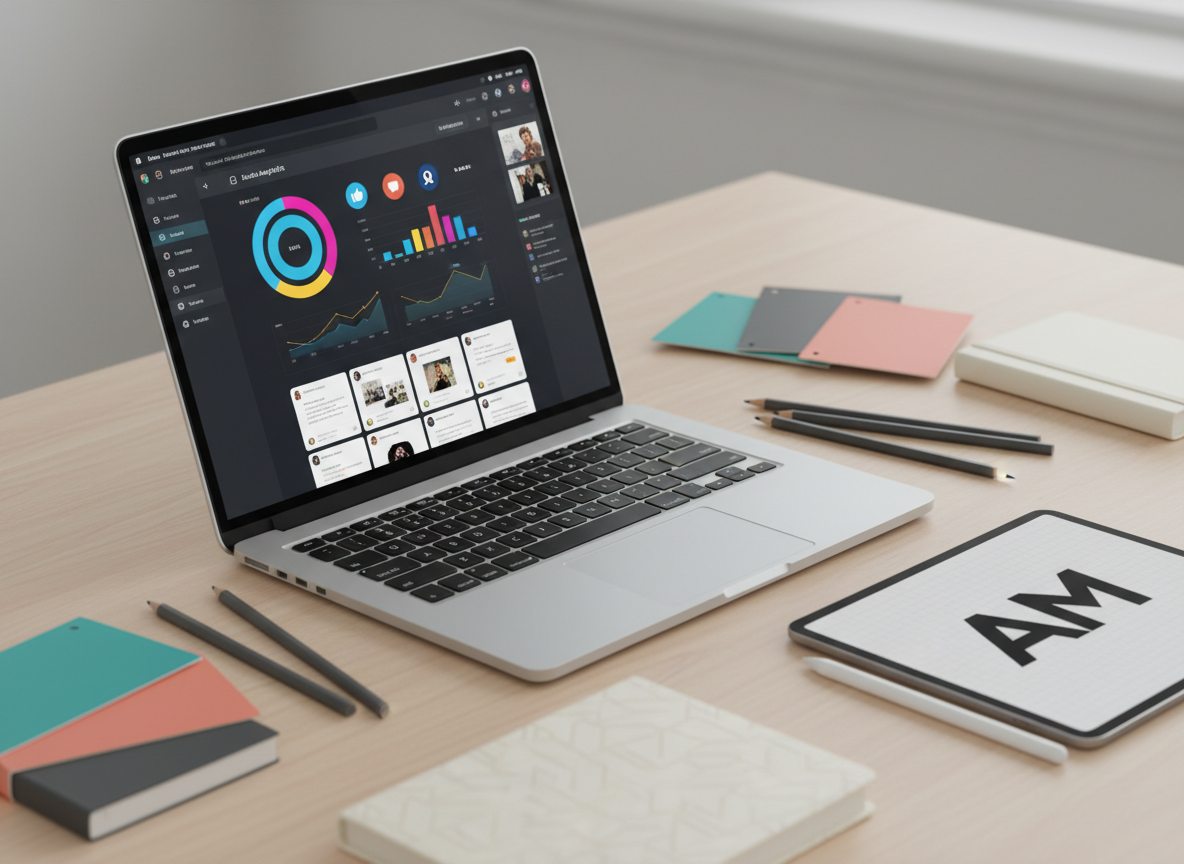 A sleek, silver laptop open to a vibrant social media analytics dashboard, its high-resolution screen filled with colorful graphs, engagement icons, and neatly arranged post previews. The laptop rests on a smooth, light oak desk beside a matte-black tablet displaying a bold logo concept on a grid. Around them lie neatly stacked color swatch books, sharpened graphite pencils, and a closed sketchbook with a subtle embossed cover. Soft daylight from an unseen window creates clean, diffused lighting, producing minimal shadows and gentle reflections on the metallic surfaces. Captured at an eye-level, three-quarter angle with a shallow depth of field, the focus stays on the glowing screens. The mood is professional, focused, and creative, with a photographic realism and modern, minimalist aesthetic suited to a graphic design marketing portfolio.