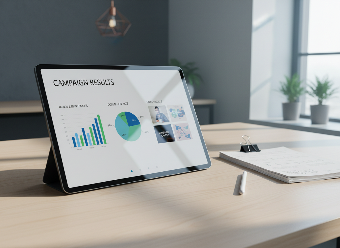 A glossy, oversized tablet resting on a smooth, pale birch desk, its screen displaying a polished presentation slide titled “Campaign Results” with bar charts, pie charts, and hero visuals of previous social media creatives. Next to the tablet lies a slim, silver stylus aligned perfectly parallel, along with a tidy stack of printed report pages secured by a minimalist black binder clip. Cool, diffused daylight streams from the right, creating gentle reflections on the tablet’s glass and soft shadows under the paper stack. Shot from a slightly elevated, three-quarter angle, the image holds the main screen in sharp focus, with the background fading softly. The mood is analytical yet creative, professional and confident, rendered in photographic realism with a clean, marketing-focused aesthetic ideal for a performance-driven design portfolio piece.